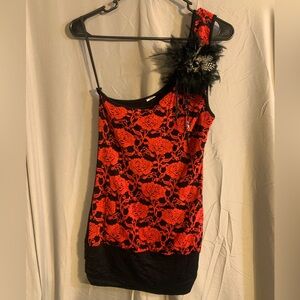 Vintage Black and Red off Shoulder top with Feather accent.
